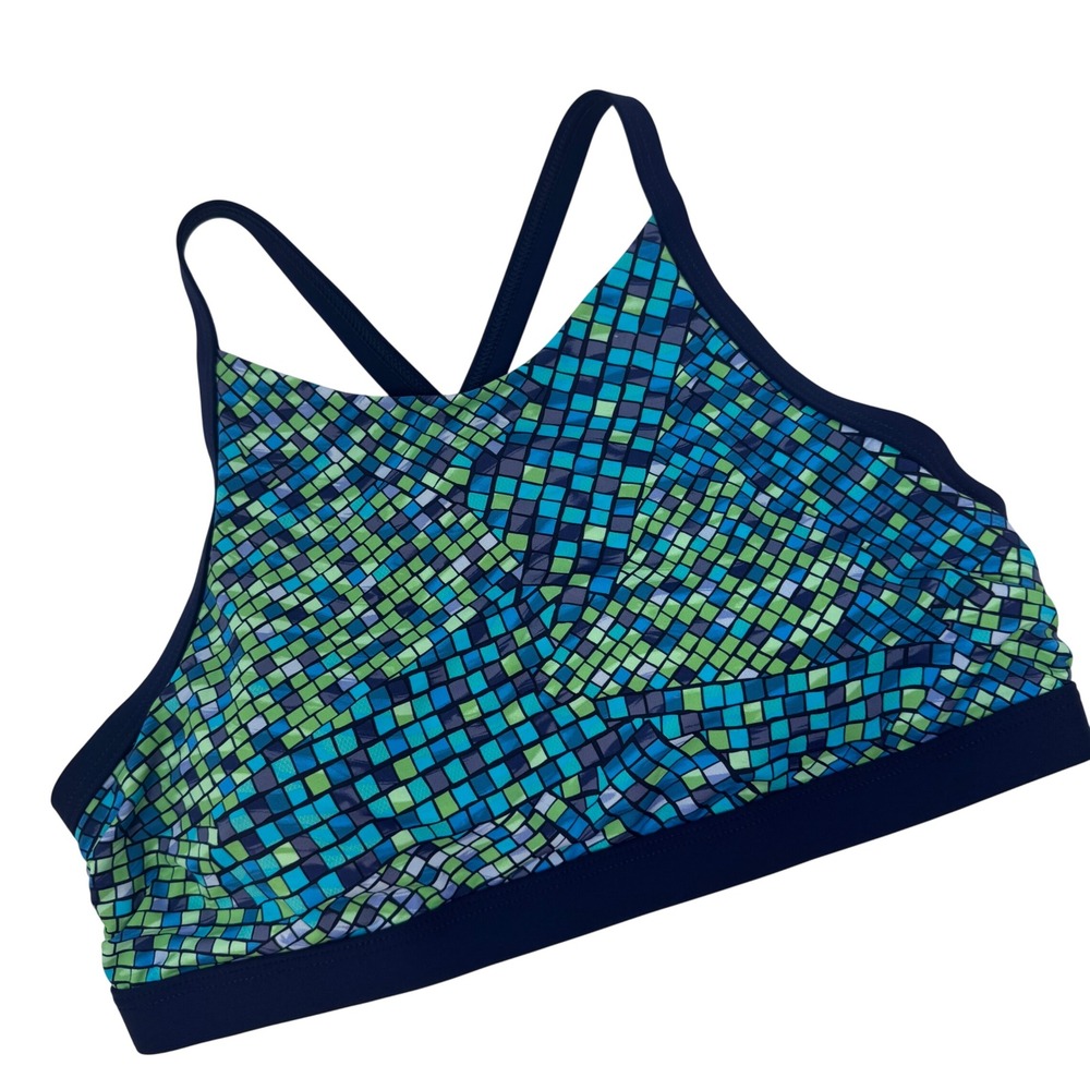 Lands End Swim Top Womens 8 D Blue Green Mosaic High Neck Bikini 523992 Active